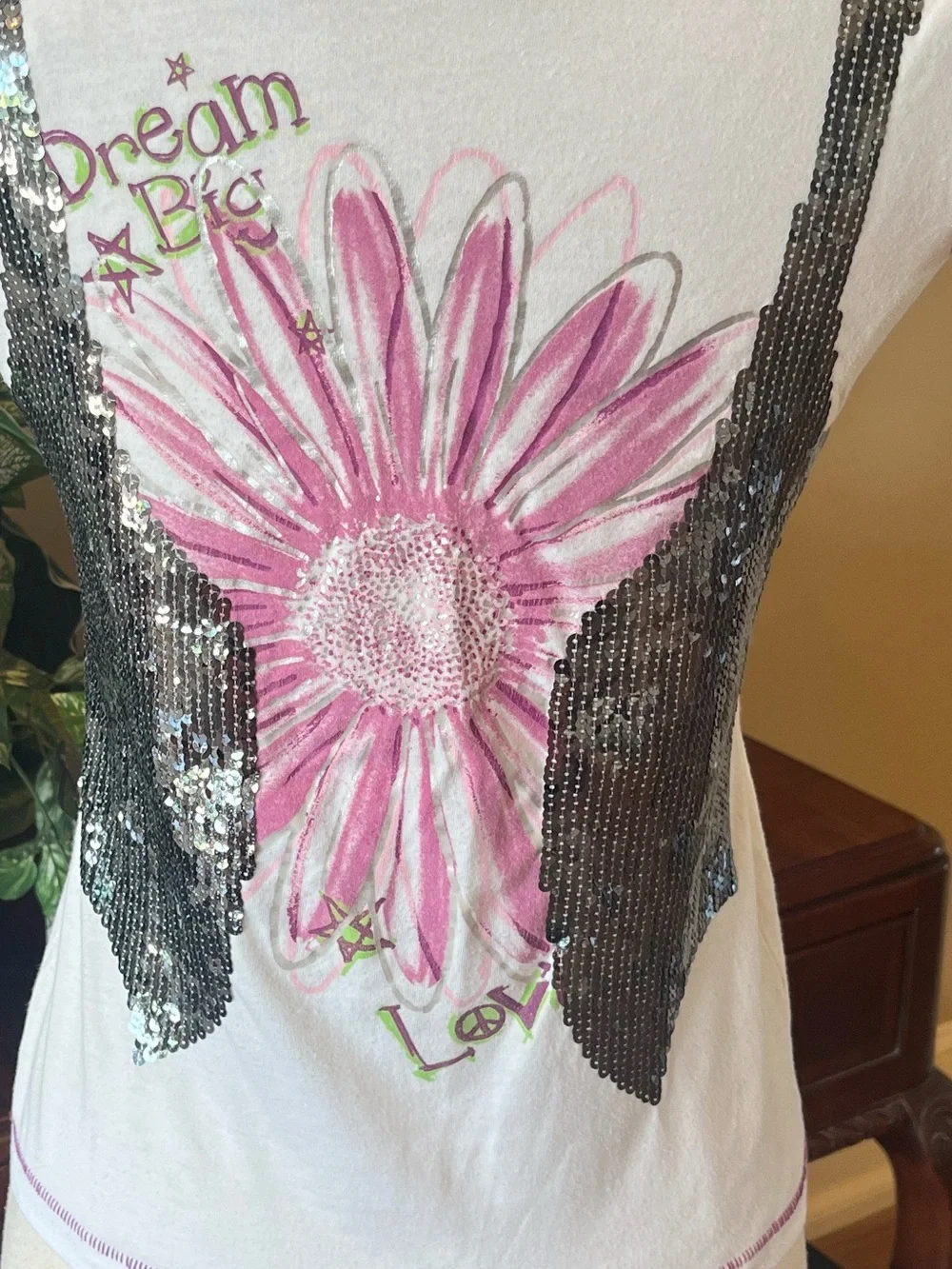 Justice Sequined White Tee Flower Dream Big
